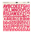 A single alphabet sticker sheet featuring bold, rounded retro-style uppercase and lowercase letters in bright pink on a cream-colored backing card, with small printed text at the top.