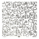 A square sheet of white cardstock featuring an all-over black line-art pattern of handbags, high heels, lipstick tubes, perfume bottles, hangers, and round compact mirrors. 