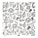 A sheet of wedding-themed scrapbooking paper featuring a black and white doodle pattern of cakes, hearts, rings, hats, and other romantic motifs on a white background.