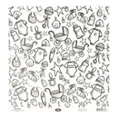 A square sheet of scrapbooking paper featuring a black and white doodle pattern of baby items, including bottles, pacifiers, onesies, strollers, hats, stars, and bows. 
