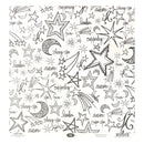 A square a cardstock featuring black line-art illustrations of stars, moons, and shooting stars, interspersed with hand-written style words like 'shining star,' 'leader,' 'awesome,' and 'focus.' The sheet is photographed flat against a white background.