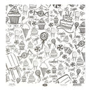 A sheet of scrapbooking paper featuring a black and white doodle pattern of cupcakes, ice cream cones, lollipops, popsicles, cakes, and the sweet words repeated across the surface.