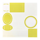 A sheet of white paper with various yellow and lime-green graphic templates, including lined boxes, grids, circles, and curly brace labels.
