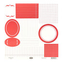 A sheet of red and white paper templates with various geometric shapes, including ovals, rectangles, grids, and dashed lines.
