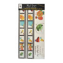 Magic Sets Clear Creations Freeze Frames clear craft sheets with two vertical film-strip style panels showing colorful food and drink illustrations, plus a white sheet with printed text and small artwork, packaged in a clear sleeve on a white background.
