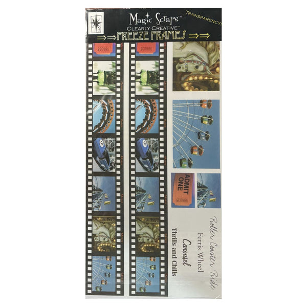 Magic Sets Clearly Creative Freeze Frames Carrousel Transparencies featuring themed images like Ferris Wheels, Roller Rinks, and Castles on a blue and silver cardstock backing.