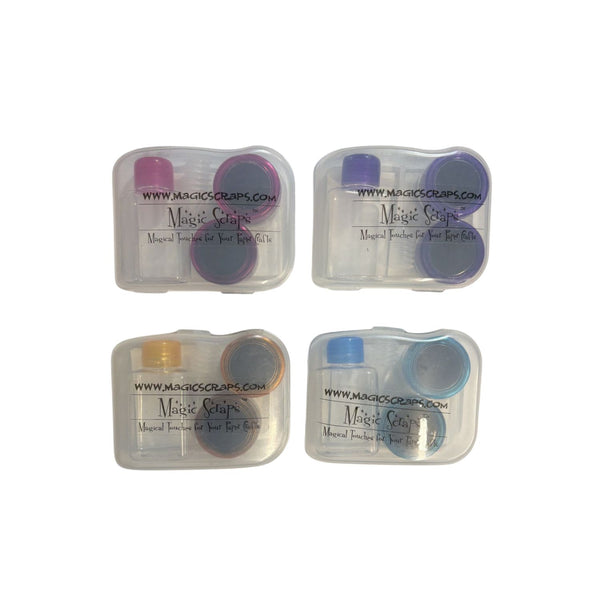 Clear Case on a white background. Each kit contains a small clear plastic case with a colored cap and two round powdered ink containers inside.