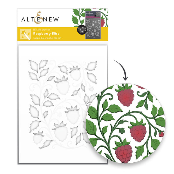 Altenew Raspberry Bliss Coloring Stencil Set 3 in 1 with layered raspberry branches