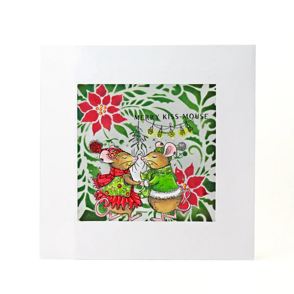 A square white greeting card featuring a colorful illustration of two kissing mice in festive holiday attire, with red poinsettia flowers, green leaves, and the text 'MERRY KISSMOUSE' on a white background.