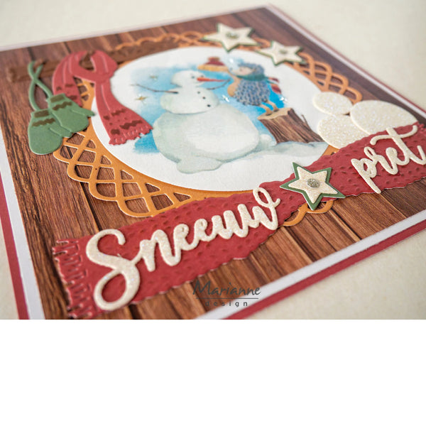 A handmade square greeting card featuring a winter snowman illustration, red ribbon banners with white script reading 'Sneeuw pret' and 'Merry', layered gold and orange scalloped borders, green holly leaves, and star embellishments on a wood-grain background.