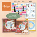 A collage of Marianne Design 'Funny snowmen' craft kit cards and sticker sheets, featuring various winter-themed designs, stickers, and cardstock elements on a light beige grid background.