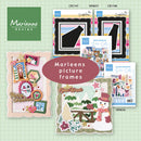 A collage-style product graphic for Marleens picture frames, showing several decorative frame templates and craft kit cards on a pale green grid background. Visible text includes the Marleens design logo, product codes CR1747, VK9657, and CR1748, and the title 'Marleens picture frames.