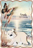 A decorative card or art print featuring a polar bear layered over an ocean scene with a butterfly, reeds, and the Dutch text 'Urede op aarde'. The design has a scalloped border and the brand name 'Marianne design' appears in the lower right corner.