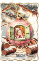 A decorative Christmas ornament illustration featuring a pink bauble shaped like a window with green shutters, a smiling child in a pink hat looking out, snow-covered logs, pine branches, and the text 'warme KERSTGROET Marianne design' at the bottom.