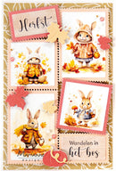 A decorative autumn-themed collage featuring four illustrated rabbit scenes in jackets, with leaves, pumpkins, and text including 'Hertst' and 'Wandelen in het bos'. This appears to be a printed card, plaque, or art print rather than a standalone product photo of a physical object in a studio.
