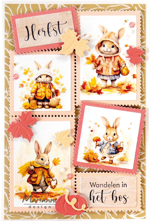 A decorative autumn-themed collage featuring four illustrated rabbit scenes in jackets, with leaves, pumpkins, and text including 'Hertst' and 'Wandelen in het bos'. This appears to be a printed card, plaque, or art print rather than a standalone product photo of a physical object in a studio.