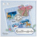 A square handmade Christmas card design featuring layered paper cutouts, two postage-style stamps with winter scenes, a pink ribbon-bow shaped bell, holly leaves, reindeer, snow, and the text 'Kerstknaffels' and 'Marianne design'.