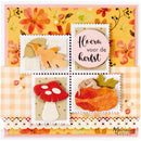 A handmade autumn-themed card featuring four square stamp-like panels with layered paper details. The design includes a pink circle with Dutch text reading 'Hoor voor de herfst,' orange and red leaf shapes, a red-and-white mushroom, a pumpkin, floral patterns, gingham fabric, and small pearl embellishments.