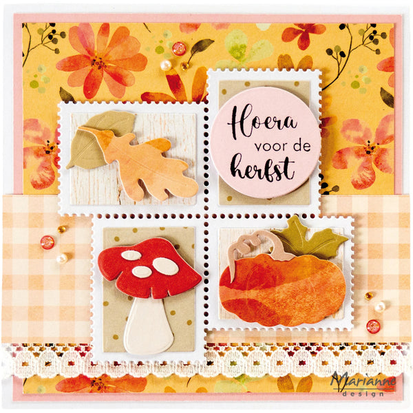 A handmade autumn-themed card featuring four square stamp-like panels with layered paper details. The design includes a pink circle with Dutch text reading 'Hoor voor de herfst,' orange and red leaf shapes, a red-and-white mushroom, a pumpkin, floral patterns, gingham fabric, and small pearl embellishments.