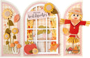 A handmade autumn-themed paper collage or card set with three arched panels. The center panel shows a window with layered autumn leaves, a small pot, and a sign reading 'Kleurige herfstgroetjes'.