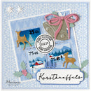 A square handmade Christmas card design featuring layered paper cutouts, two postage-style stamps with winter scenes, a pink ribbon-bow shaped bell, holly leaves, reindeer, snow, and the text 'Kerstknaffels' and 'Marianne design'.
