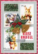 A square Christmas stamp album page featuring multiple vintage-style Easter bunny postage stamps, a green pine branch, brown boot-shaped ornaments, red holly leaves, and the German text 'KERST KNUFFEL'. The page has a gray border with a red patterned outer edge and the brand name 'Marianne design' in the lower left.