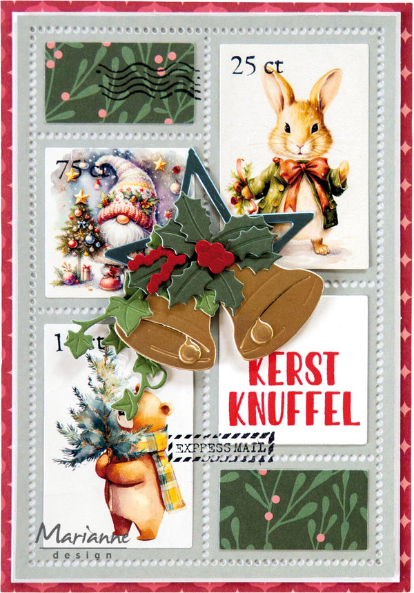 A square Christmas stamp album page featuring multiple vintage-style Easter bunny postage stamps, a green pine branch, brown boot-shaped ornaments, red holly leaves, and the German text 'KERST KNUFFEL'. The page has a gray border with a red patterned outer edge and the brand name 'Marianne design' in the lower left.