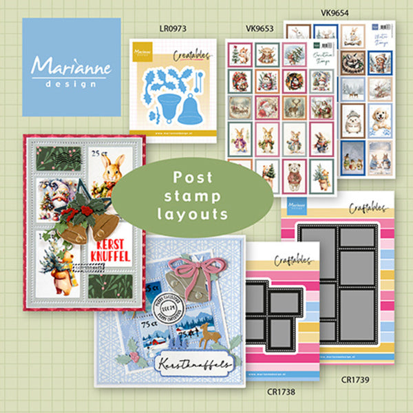 A collage of post stamp layouts and craft paper designs from Marianne Design, featuring multiple sample sheets, stamps, and decorative layouts arranged on a pale green grid background with a large green oval reading 'Post stamp layouts'.
