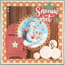 A square handmade holiday card or scrapbook-style art piece featuring a winter scene with snowman figures, a red mailbox, patterned orange border, and the words 'Sneeuw pret' in pink lettering.