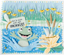Card with a frog, flowers, and text in a nature-themed design.
