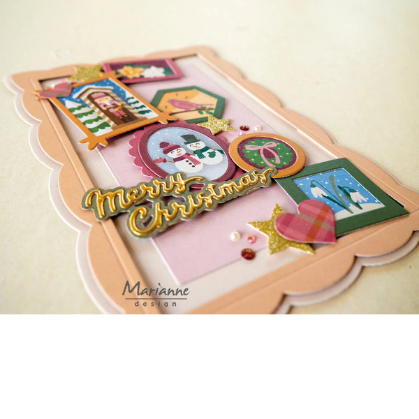 A handmade layered Christmas greeting card with scalloped peach borders, featuring colorful holiday embellishments, a gold 'Merry Christmas' script, and small photo frames on a light cream background.
