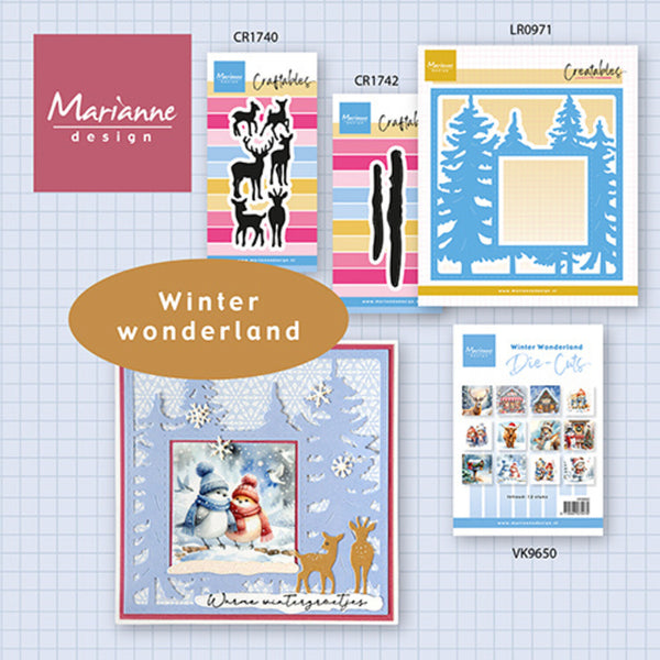 A collage of Marianne Design 'Winter Wonderland' crafting products on a light blue grid background, including die-cut papers, stamps, and a sample layered card design with snowflakes, trees, a snowman, and reindeer.