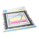 A packaged craft die set from Adapter's Nicaa Crafter Design, featuring a scalloped black metal frame die with a striped paper insert showing pastel blue, yellow, pink, and white horizontal bands.