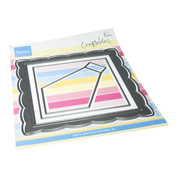 A packaged craft die set from Adapter's Nicaa Crafter Design, featuring a scalloped black metal frame die with a striped paper insert showing pastel blue, yellow, pink, and white horizontal bands.