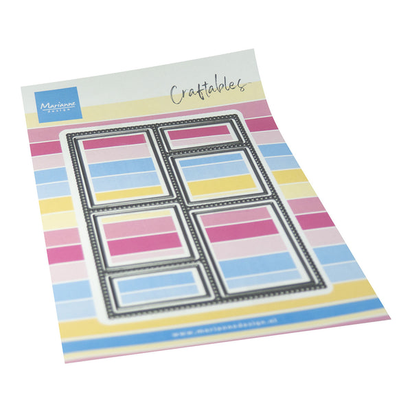 A packaged craft stencil or template sheet from MeriPaper Design, featuring a black metal stencil of six rectangular panels with pastel pink, blue, and yellow striped inserts, shown on a white background.