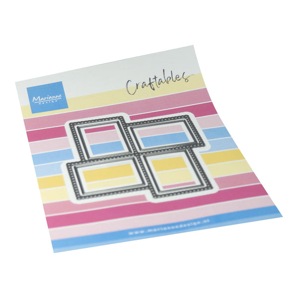 A packaged craft die set from Marijnus Design, featuring four rectangular frame-shaped dies with decorative borders, displayed on a pastel striped card labeled 'Craftables'.