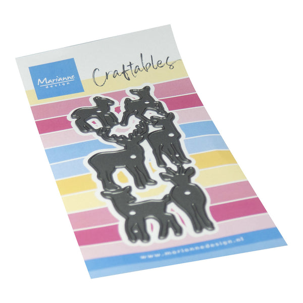 A package of Mariannes Design Craftables featuring black deer-shaped metal cutters on a pastel striped card.