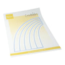 A sheet of white craft paper with a yellow grid background, featuring a set of five arch-shaped metal dies outlined in blue. The sheet has a yellow brand label in the top-left corner reading 'Marien Design' and the word 'Creatables' written in script near the top center.