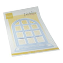 A packaged craft die set from Creations by Marianne, featuring an arched window-shaped die on a white gridded backing card with yellow accents.