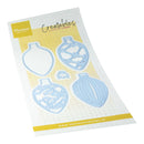 A sheet of craft dies from Marienbadesign Creatables, featuring four ornate Christmas ornament-shaped metal dies in light blue on a white grid background with yellow accents.