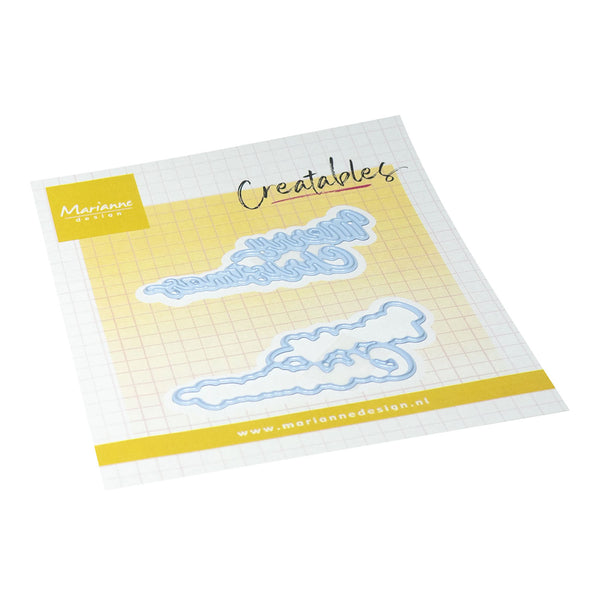 A packaged craft die set from Marienne Creations, featuring two blue metal embossing dies on a white grid backing card with yellow accents and the brand name 'Creatables'.