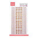 A sheet of Marianne Design Burgundy Enamel Dots, featuring rows of small round stickers with a metallic gold and deep red pattern on a white backing card.