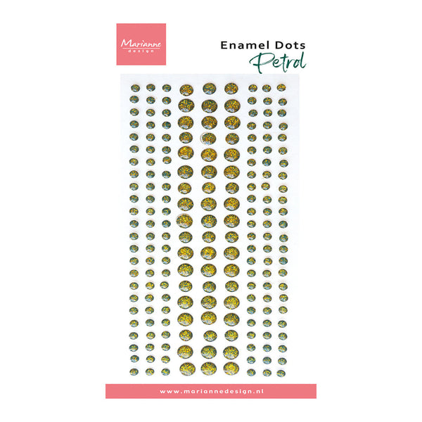 A sheet of Marianne Design Enamel Dots Petrol, featuring rows of small round metallic gold and green enamel dots on a white backing card.