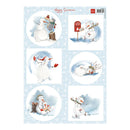 A sheet of decorative stickers featuring six winter snowman illustrations on a light blue snowflake-patterned background. The sheet includes the text 'Happy Snowman' and a red 'Pintu' brand logo in the top right corner.