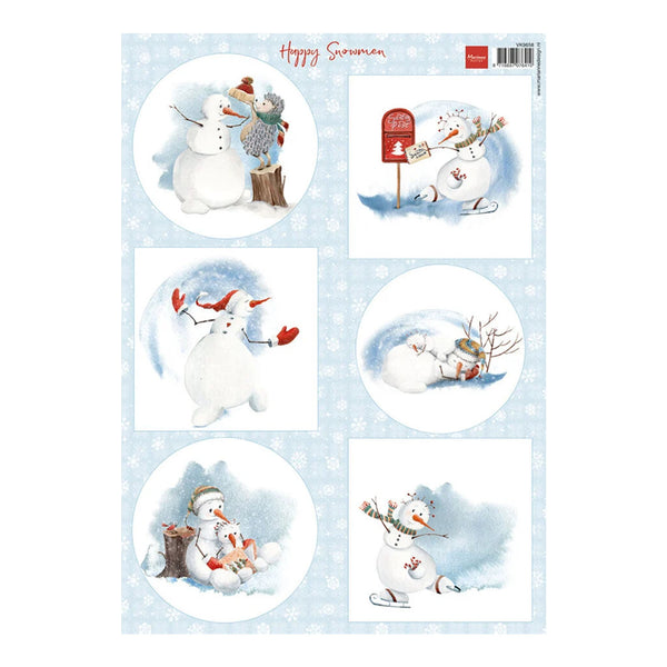 A sheet of decorative stickers featuring six winter snowman illustrations on a light blue snowflake-patterned background. The sheet includes the text 'Happy Snowman' and a red 'Pintu' brand logo in the top right corner.