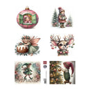 A collage of six Christmas-themed illustrated designs on a white background, including a pink ornament with a child in a window, a child in winter clothing beside trees, a fairy hugging a cake, a deer with antlers and a floral collar, a music-note scene with a child in a green dress, and a child decorating a Christmas tree. A small vertical printed strip is visible between the center illustrations.