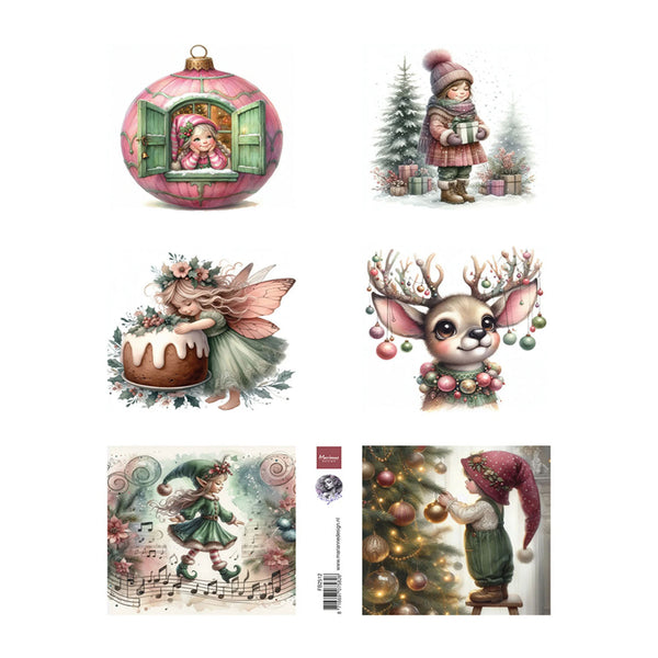A collage of six Christmas-themed illustrated designs on a white background, including a pink ornament with a child in a window, a child in winter clothing beside trees, a fairy hugging a cake, a deer with antlers and a floral collar, a music-note scene with a child in a green dress, and a child decorating a Christmas tree. A small vertical printed strip is visible between the center illustrations.