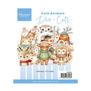 Pack of cute die-cut stickers featuring cartoon animals in winter clothing, including a cow, cats, a bear, and a deer, on a white background with blue branding for Marianne Design.