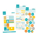 Three sheets of colorful decorative stickers from Marina Design, featuring Dutch phrases, geometric patterns, and circular icons in teal, yellow, orange, and white.
