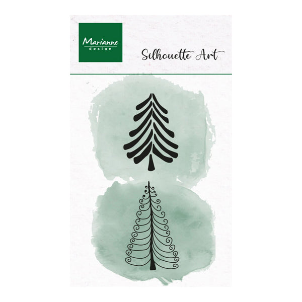 Marianne Design Silhouette Art stamp set featuring two black tree silhouettes over light green watercolor washes on a white background.